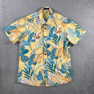 MCEDAR Hawaiian Shirt Men M Yellow Tropical Palm Leaf S/S Pocket Beach Resort